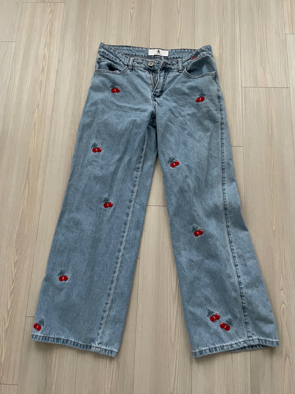 Light Wash Straight Leg Jeans with Red Cherry Embroidery